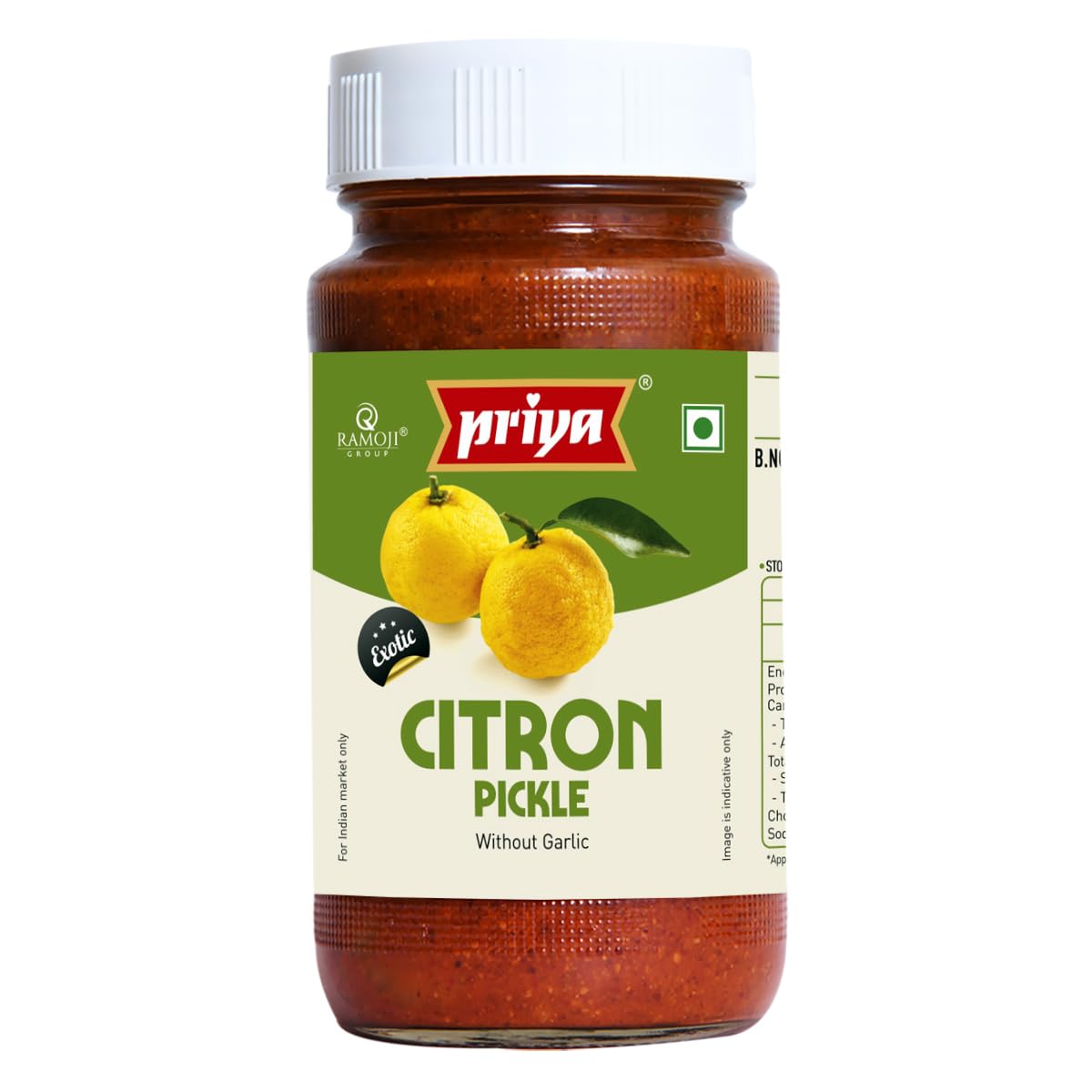 Priya Citron Pickle without Garlic, 300g - Authentic Telugu Style Achar |Traditional South Indian Taste |Homemade Citron Achar| Tangy and Spicy | With Lime Juice and Mixed Spices | Glass Jar