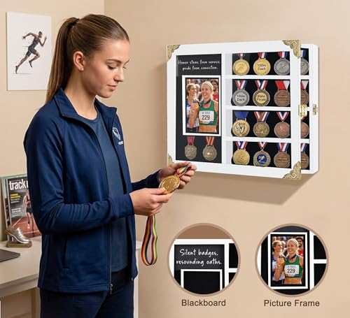 Image of Medal Display Case for Athletes, Lighted Shadow Box with Photo Frame , Wall Mount Display Holder with Removable Shelves for Medals, Challenge Coins, Memorial Gift for Achievement, Collectors, White