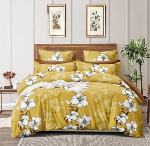 Image of Glace Cotton Double Bedsheet 90x90 Inch with 2 Pillow Covers 18x28 Inch - Bright Yellow Floral Print Bed Sheet Set - Soft Flat Bedcover for Double Mattress Bedroom Hostel Room - Yellow Flower