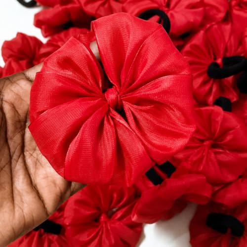 Image of Readymade Ribbon for School Girls - Soft Satin Bow Hair Accessory - Easy to Wear, Stylish & Neat Look - Ideal for School Uniforms bow in girls & Daily Use - Pack of 8 /School Ribbon in Kids / (Red Colour)