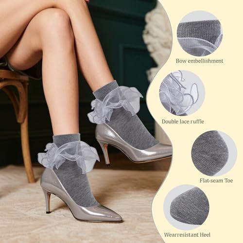Image of Women Big Ruffle Ankle Socks Adult Double Lace Frilly Socks Fold Cuff Cotton Ruffled Dress Crew Bobby Bride Sock