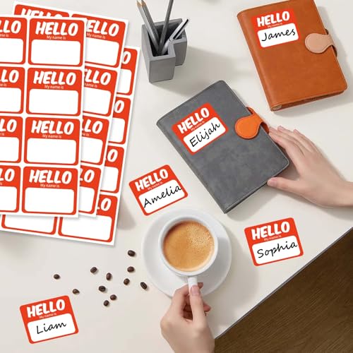 Image of 256 Pcs Name Tags Sticker 3 inchx2.5 inch Hello My Name is Stickers, Orange-red Name Labels Adhesive Identification Name Badges for School, Office, Meeting, Family Parties, Mailing