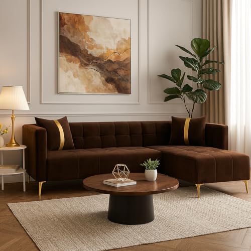 Image of FURNY Modernliving 4 Seater RHS L Shape Sofa Set (Brown)