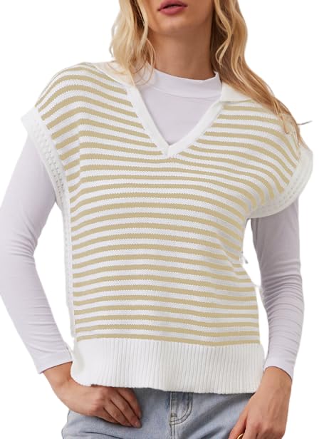 Image of Summer Sweater Vest for Women Knit Sleeveless Striped Johnny Collar Pullover Tank Tops V Neck Cap Sleeve Blouse