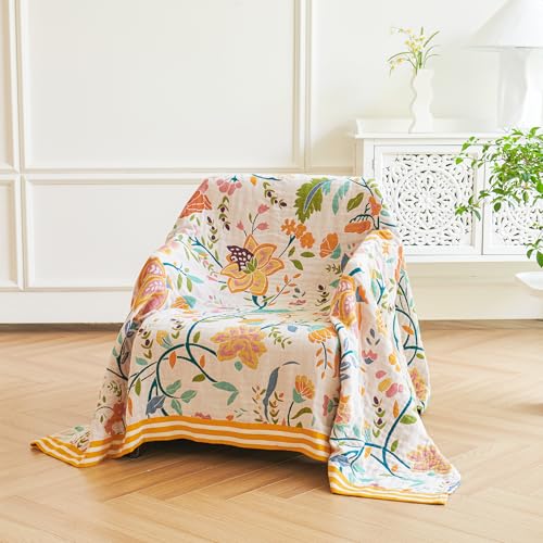 Image of VANJOROY Boho Throw Blanket for Bed, 100% Organic Cotton Breathable Ultra Soft 60 inch x 80 inch Quilt Throw - All Season Floral Rustic Farmhouse Decor Luxury Reversible Blanket for Sofa Couch Chair and Gift