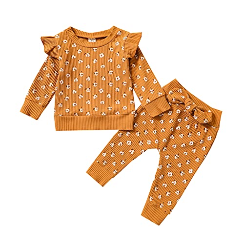 Kids Baby Girl Floral Clothes Set Ruffle Long Sleeve Pullover Tops + Bowknot Pants 2PCS Girls Outfits (Caramel, 12-18 Months)