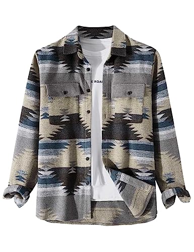 Image of FindThy Men's Brushed Flannel Shirts Ethnic Aztec Print Button Up Lapel Tribal Shirt Jacket Shacket