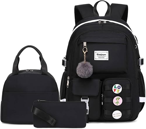 Conjunto de mochila casual para mujer, conjunto de mochila escolar para niña, linda mochila para computadora portátil, color negro