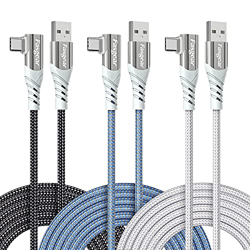 USB C Cable Fast Charging - Fasgear 3Pack 10ft Long Nylon Braided Type C 2.0 Rapid 3A Charger Cord - Compatible for Galaxy S21 Note 20 A10e,Moto G,LG V50 G8,Xperia XZ,PS5 Controller, Black/Blue/White
