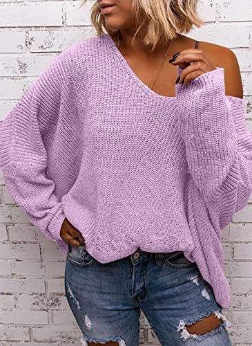 Image of BZB Women's V Neck Long Sleeve Knit Loose Oversized Pullover Sweater Top