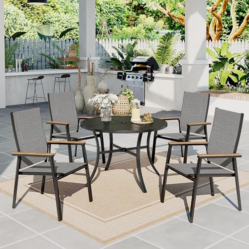 Image of Sophia & William Round Patio Dining Set for 4 with Aluminum Chairs, Grey | Metal table, Stackable sling chairs, Breathable & quick-drying, Light-weight & space-saving, Umbrella Hole, Outdoor, 5 piece