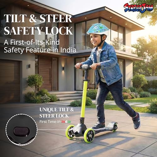 Image of STREETJAM Komiks Kids Kick Scooter for 3-12 Years, Tilt & Turn Safety Lock (1st Time in India), BIS Approved, Lean-to-Steer, Wide Deck, Adjustable Height, Up to 35 kg Load (Black with Neon Green's)