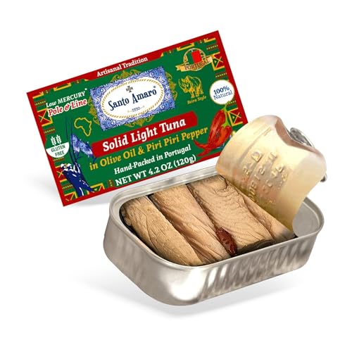 Image of Santo Amaro - Artisanal Wild Tuna Fillets in Olive Oil & Red Piri Piri Pepper, Pole & Line Caught Tuna from Portugal, Hand-Packed Beira-Style Canned Tuna Fish, 22g Protein Keto, Low Mercury, Pack of 6