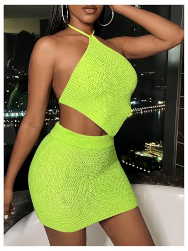 WDIRARA Women's 2 Piece Outfits Knitted Asymmetrical Halter Top and Bodycon Mini Skirt Set4