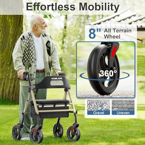 Image of HOMLAND Foldable Rollator Walker with Seat for Seniors, 16 inch Enlarged Seat | 8 inch Big Wheels, 16 inchx12 inchx1.9 inch Thick Padded Seat, Adjustable Seat & Handle Height, Tool-Free Assembly, All Terrain Mobility Aid