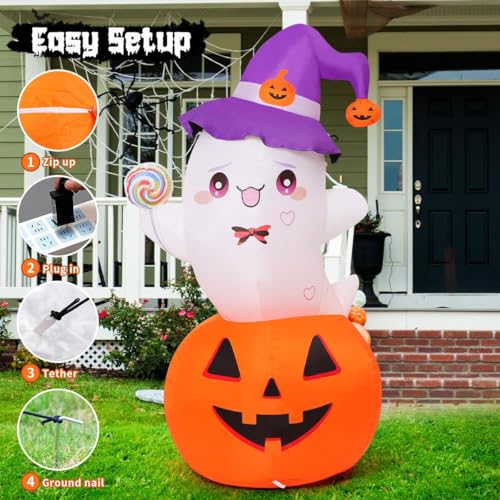 Image of GOOSH 5 FT Halloween Inflatables Ghost Outdoor Decorations Blow Up Yard Cute Ghost Sitting on Pumpkin Helding a Lollipop with Built-in LEDs for Garden Lawn Indoor Party Decor