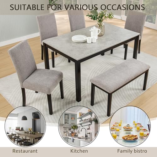 Image of KEIKI 6-Piece Standard Height Dining Table Set with Rectangular Table, 4 Upholstered Curved Backrset Chair, Bench, for 6 Person, Modern Table Set, Easy Assembly, for Kitchen, Dining Room, Black+Gray