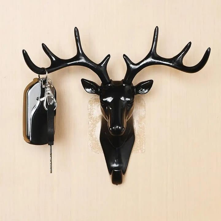 Image of Decorative Deer Head Wall Hook - Antler Design Metal Wall Mounted Hook for Keys, Bags & Towels | Strong Single Hanger for Home, Office & Entryway | Stylish Black Durable Wall Hook