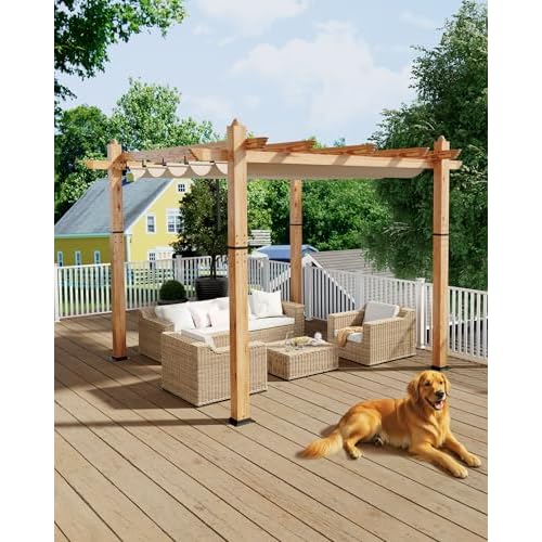 KYBOLT 10x10 Ft Aluminum Pergola Outdoor Gazebo with Retractable Canopy Imitation Wood-Grain Sun Shade Shelter for Garden Patio Backyard Deck(Khaki),