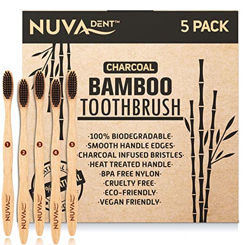 Nuva Dent Bamboo Toothbrushes Charcoal Bristles - Natural Bamboo Toothbrush - Wooden Toothbrushes (5 Pack)