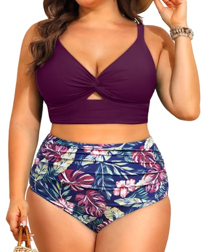 Image of Daci Plus Size Two Piece Swimsuits - Women High Waisted Bikini Tummy Control Bathing Suits Knot Twist Swimwear 2025