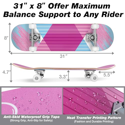 Image of BELEEV Skateboards for Beginners, 31 x 8 inch Complete Skateboard for Kids Teens Adults, 7 Layer Canadian Maple Double Kick Deck Concave Cruiser Trick Skateboard with Multifunction Skate T-Tool