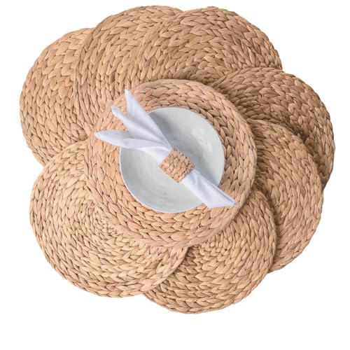 Image of Laquedecraft 13.8 inch Set of 8 Round Water Hyacinth Placemats | Boho Woven Rattan Table Mats | Farmhouse Wicker Spring Plate Chargers Like Water Hyacinth, Seagrass for Wedding, Party, Christmas, Events