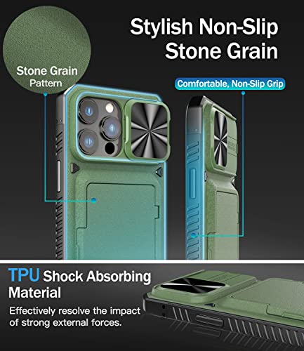 Image of Vihibii for iPhone 14 Pro Max Wallet Cover with Card Holder (Storage 4 Cards), Slide Camera Cover & Kickstand, [Military Grade Drop Protection] Phone Case for i14 Pro Max 6.7 inch (2022), Green