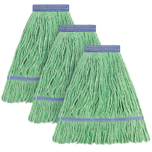 Image of Matthew Cleaning Heavy Duty Mop Head Commercial Replacement for General and Floor Cleaning , Wet Industrial Blue Cotton Looped End String Head Refill (Pack of 3) Green