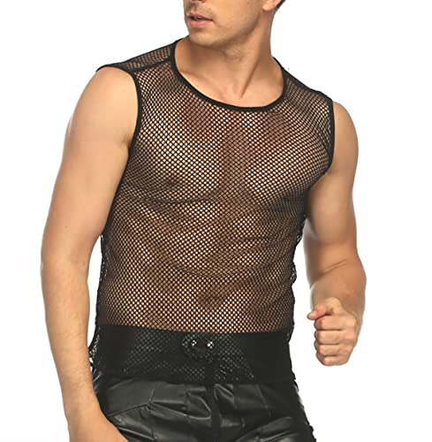 ROSVAY Camiseta sin Mangas de Rejilla para Hombres Transparente, Hombre Camiseta de Tirantes Malla Transpirable Sexy, Fishnet Camiseta Interior Tank Top Gym Clubwear Verano Negro (Rejilla Pequeña, S)