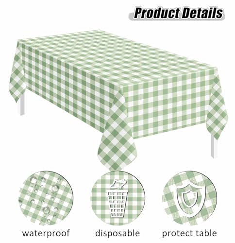 Image of 2 Pack Sage Green Gingham Tablecloth Rectangle 54 x 108 Sage Green and White Checkered Table Cloth Disposable Plaid Table Cover Plastic for Birthday Baby Shower Picnic Wedding Party Supplies