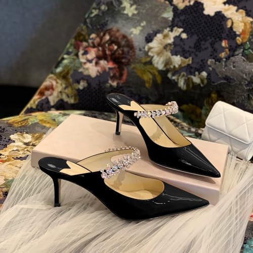 Image of XINIUNIU Heeled Mules for Women Rhinestone Heels Pointed Toe Slip On 2.5 Inch Kitten Stiletto Closed Toe Sandals Dress Wedding Pump Shoes