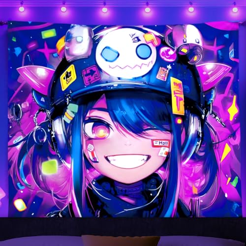 WEBEEDY Blacklight Fluorescent Anime Tapestry Cartoons Wall Hanging UV Reactive Tapestry Neon Cartoons Blacklight Poster for Bedroom Living Room Gamer Room, Gift for Anime Fans, 150x130cm - Image 5