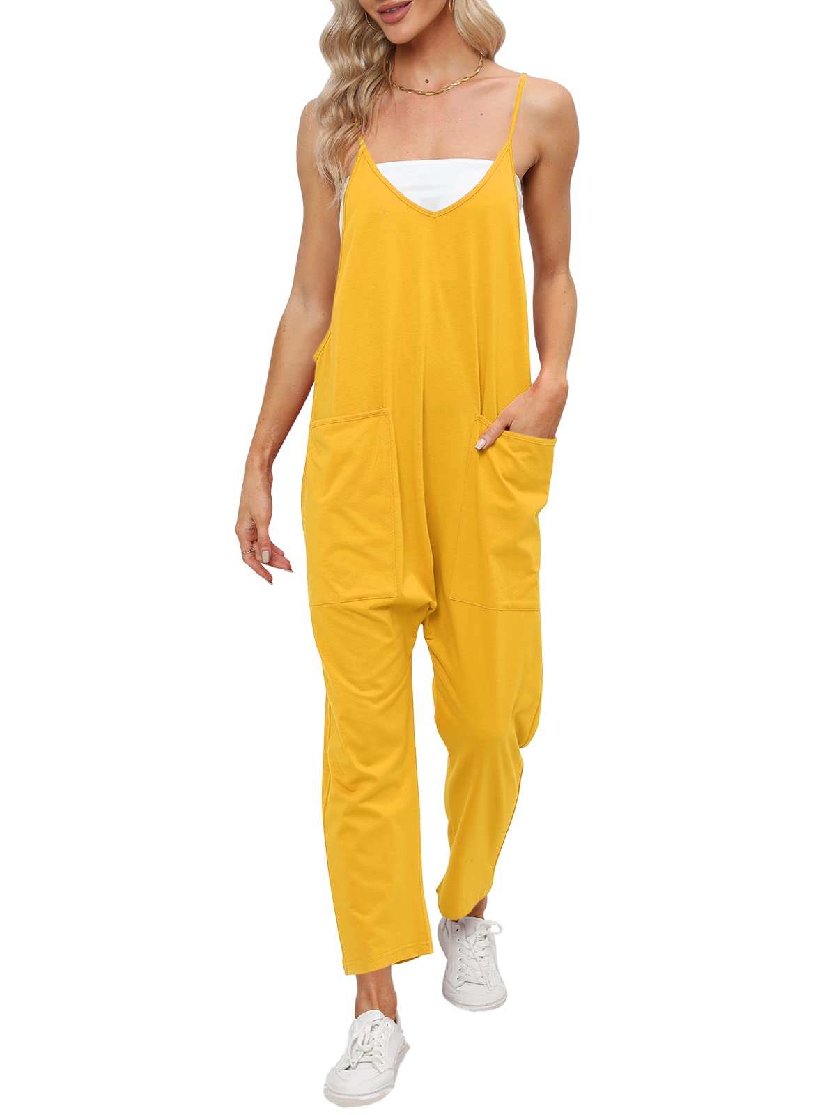 DEEP SELFWomen's Loose Casual V Neck Sleeveless Jumpsuits Adjustable Spaghetti Straps Harem Long Pants Overalls With Pockets