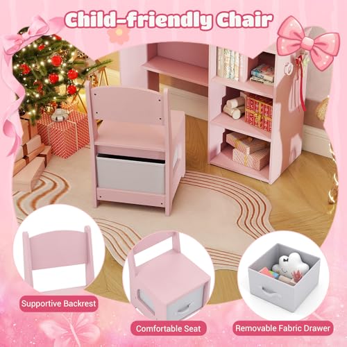 Image of Costzon Kids Vanity with Lights, Girls Vanity Set with Mirror, Storage Drawer, Hooks & Shelves, Toddler Makeup Vanity Desk Dressing Table, Wooden Kids Vanity Table and Chair Set (Pink)
