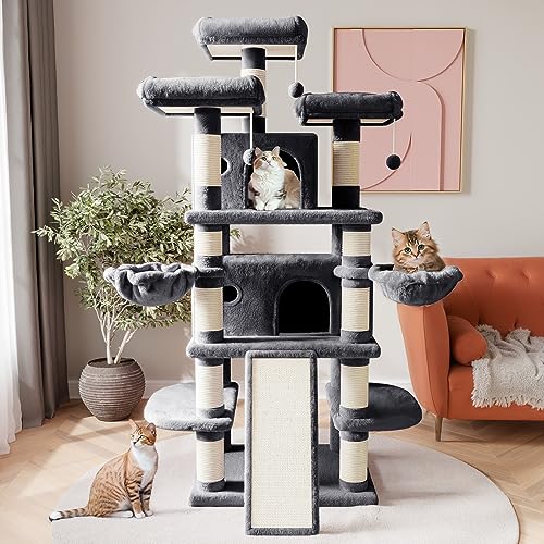 Image of SHA CERLIN 68 Inches Multi-Level Large Cat Tree for Large Kitties /Big Cat Tower with Condo /Cozy Plush Pussycat Perches /Sisal Scratching Posts and Hammocks /Activity Center /Dark Grey