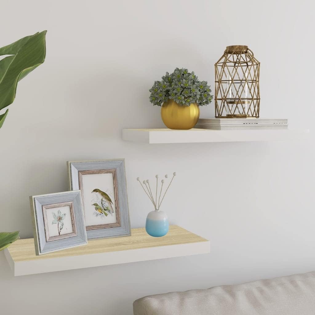 Wall Mounted Shelf,Suspended Wall Shelf,Wall Storage Shelves,for Wall Decor Living Room, Bedroom,Floating Wall Shelves 2 pcs Oak and White 23.6"x9.3"x1.5" MDF