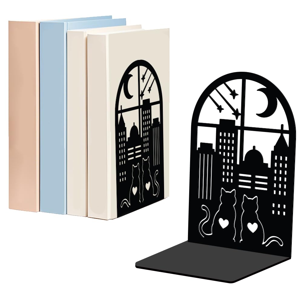 WADORN 1 Pair Cats City Night View Metal Decorative Bookend for Shelves, Heavy Duty Book Ends Modern Non-Skid Books Holder Stand Book Support Stoppers for Home Office Desk Bookshelf, 5.3x4.3x7.8 Inch