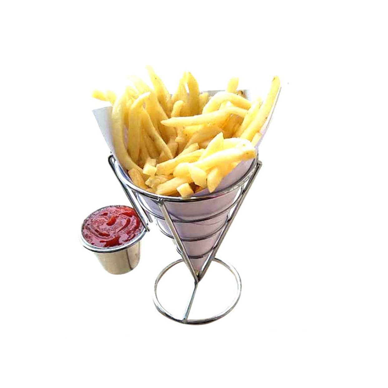 BESTYASH 2PCS French Fry Cone Holder Stainless Steel Fries Stand with Sauce Dippers Metal Wire Basket for Food Display for Buffets and Parties