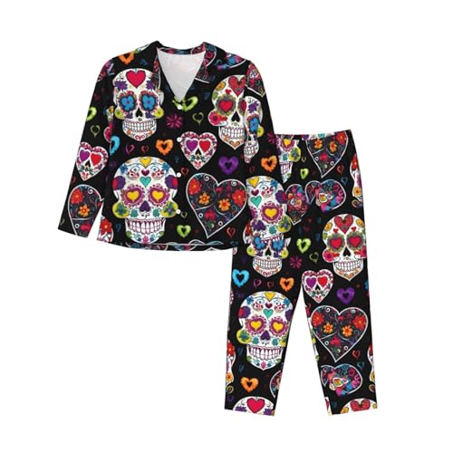 FKGKDF Conjunto de pijama de manga larga con estampado de calaveras de azúcar para mujer para relajarse y sentirse cómodo en otoño e invierno, Negro -, M