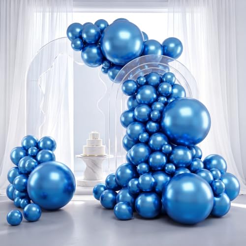 Image of RUBFAC Metallic Blue Balloons 129pcs Different Sizes Pack of 18 12 10 5 Inch, Latex Chrome Blue Balloon Garland Arch Kit for Wedding Baby Shower Birthday Party Graduation Decorations