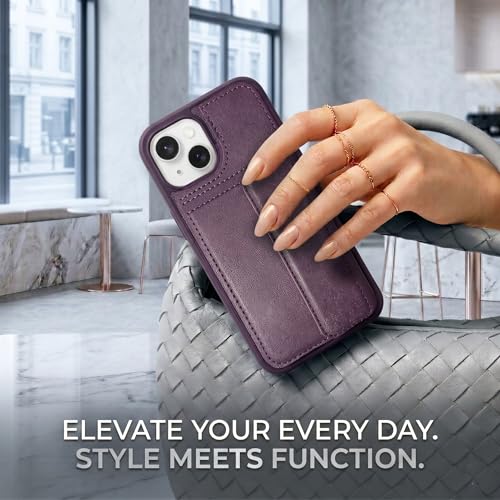 Image of amazon basics Luxury Vegan Leather Back Cover for iPhone 14 | Built-in Card Holder Slot | Integrated Mobile Stand | Slim Shockproof Protective Case with Stitched Finish - Purple