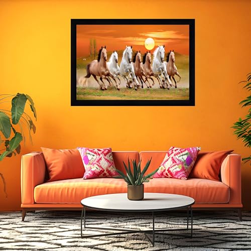 Image of Indianara Vastu Running Seven Horse Painting With Frame 20 Inches X 14 Inches (Style 5)