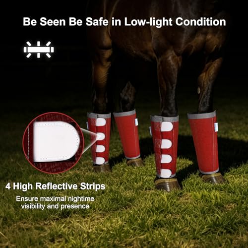 Image of Reflective Horse Fly Boots Set of 4, Loose Fitting Leggings for Horses, Equine Fly Leg Wraps Socks for 4 Legs, Breathable Adjustable and Universal Fit, Reliable Stay Put and on (Red)