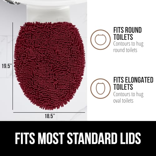 Image of Gorilla Grip Original Shag Chenille Bathroom Toilet Lid Cover, 19.5 x 18.5 Inches Large Size, Machine Washable, Ultra Soft Plush Fabric Covers, Fits Most Size Toilet Lids for Bathroom, Burgundy