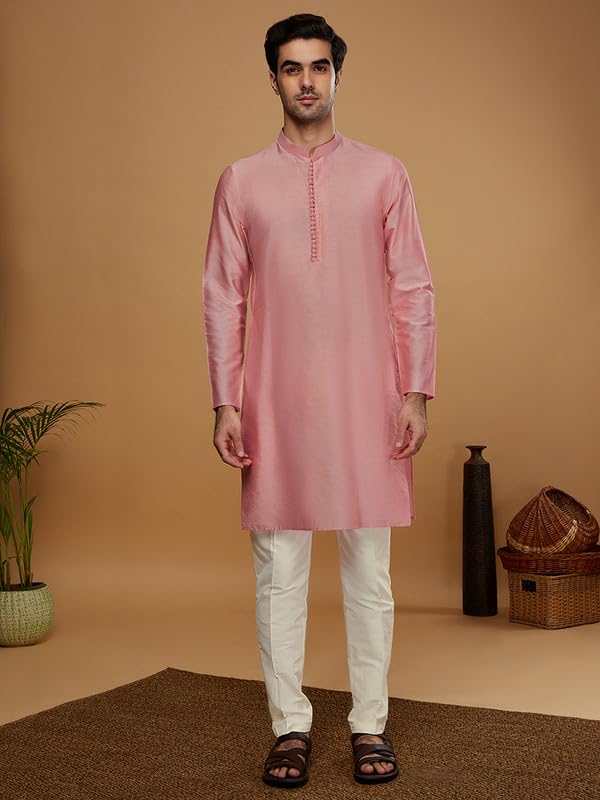 Image of KISAH Men's Navy Blue Printed Cotton Kurta - Regular Fit Long Tunic with Mandarin Collar | Ethnic Wear for Weddings & Festive Occasions