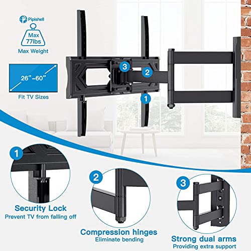 Pipishell Full Motion Tv Wall Mount For 26-60 Inch Flat Curved Tvs, Heavy Duty Single Articulating Arms Tv Bracket Up To Vesa 400X400Mm And 77Lbs, Support Swivel, Tilt, Level Adjustment #TOP2