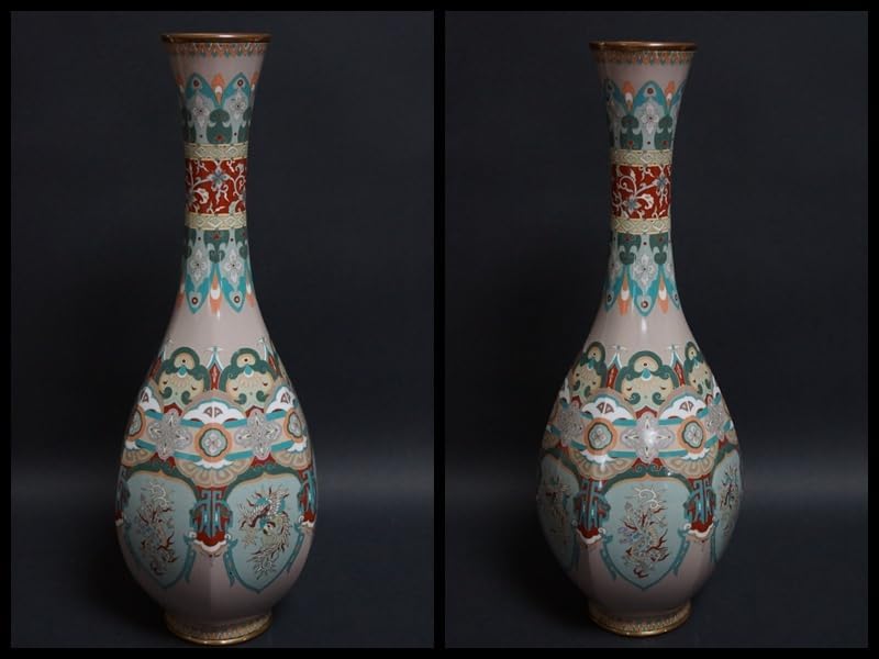 明治期 尾張七宝 銀線象嵌『龍鳳唐草紋』大型飾壺(一対) 面取花瓶 明治期 尾張七宝 銀線象嵌『龍鳳唐草紋』大型飾壺一対 面取