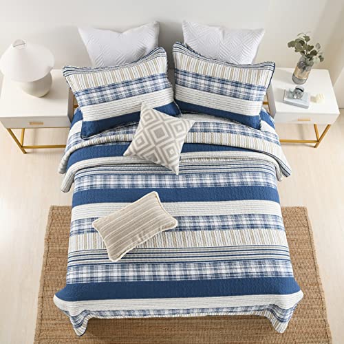 Image of Homzard Queen Comforter Set - Blue White Tan Striped Queen Size Comforter Set,100% Cotton Plaid Quilts Queen Size Bedding Set, Farmhouse Bedspread Lightweight Bedding 3 Pieces All Season