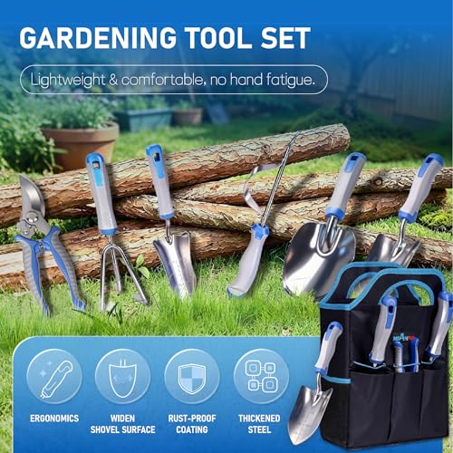 8 PCS Gardening Tools Set with Ergonomic Handles, Heavy Duty Garden Tool Kit with Storage Bag, Rust-Resistant Gardening Supplies for Women and Men, for Digging, Planting, Weeding and Pruning - Image 2